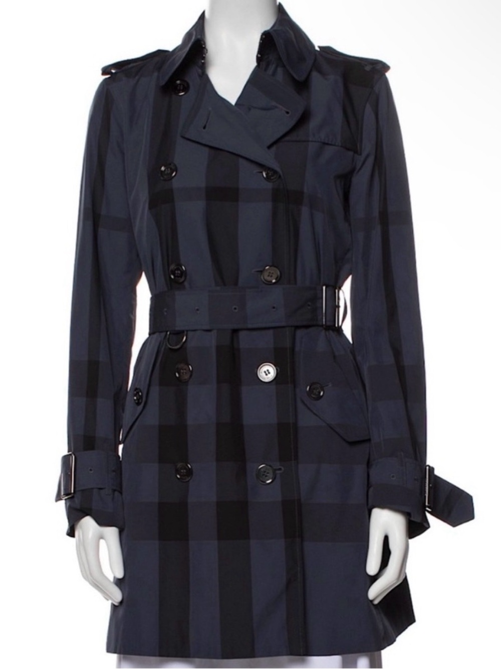 Burberry Navy and Black Plaid Trench Coat